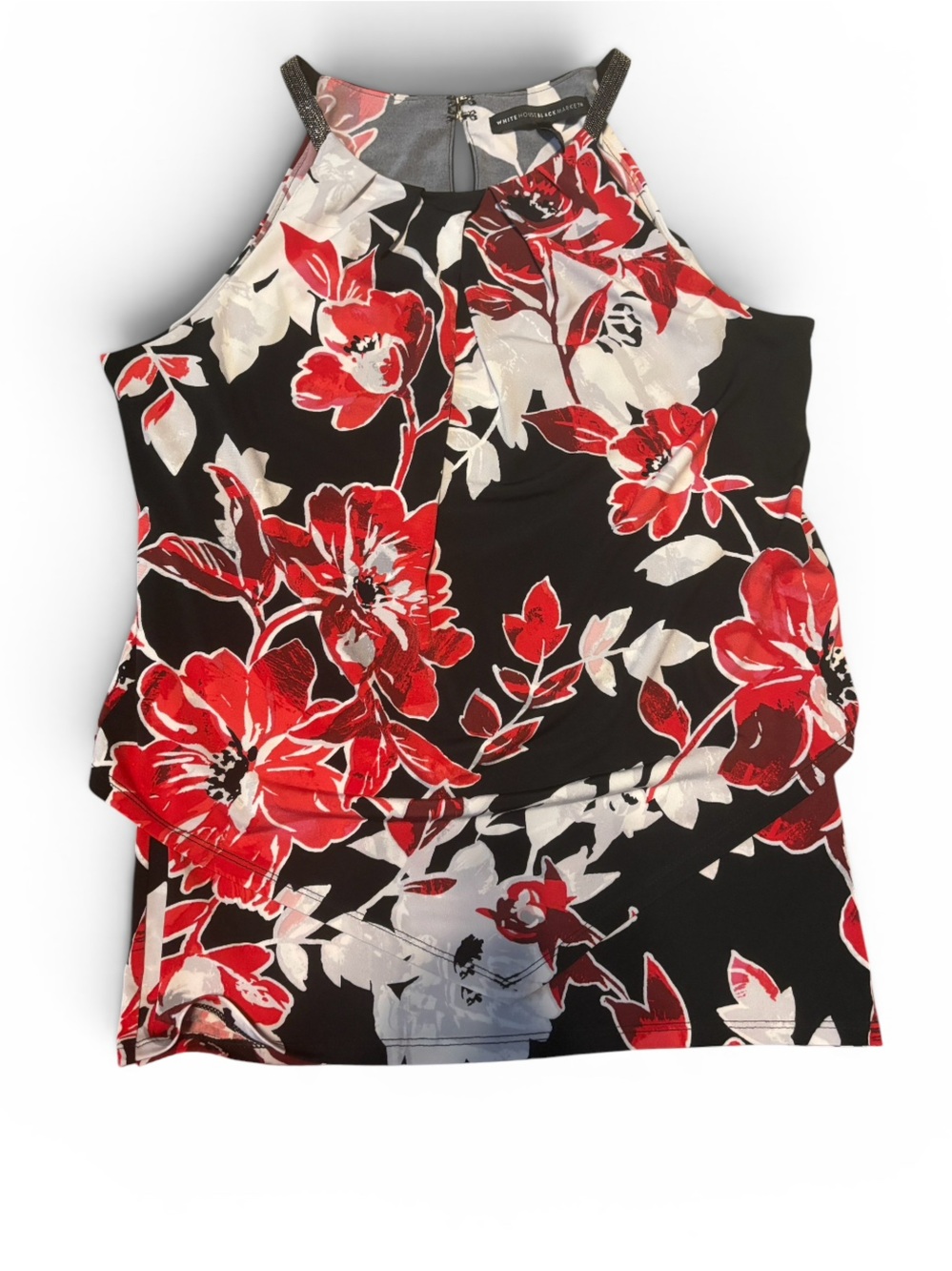 White House Black Market Black Red and White Floral Halter Top